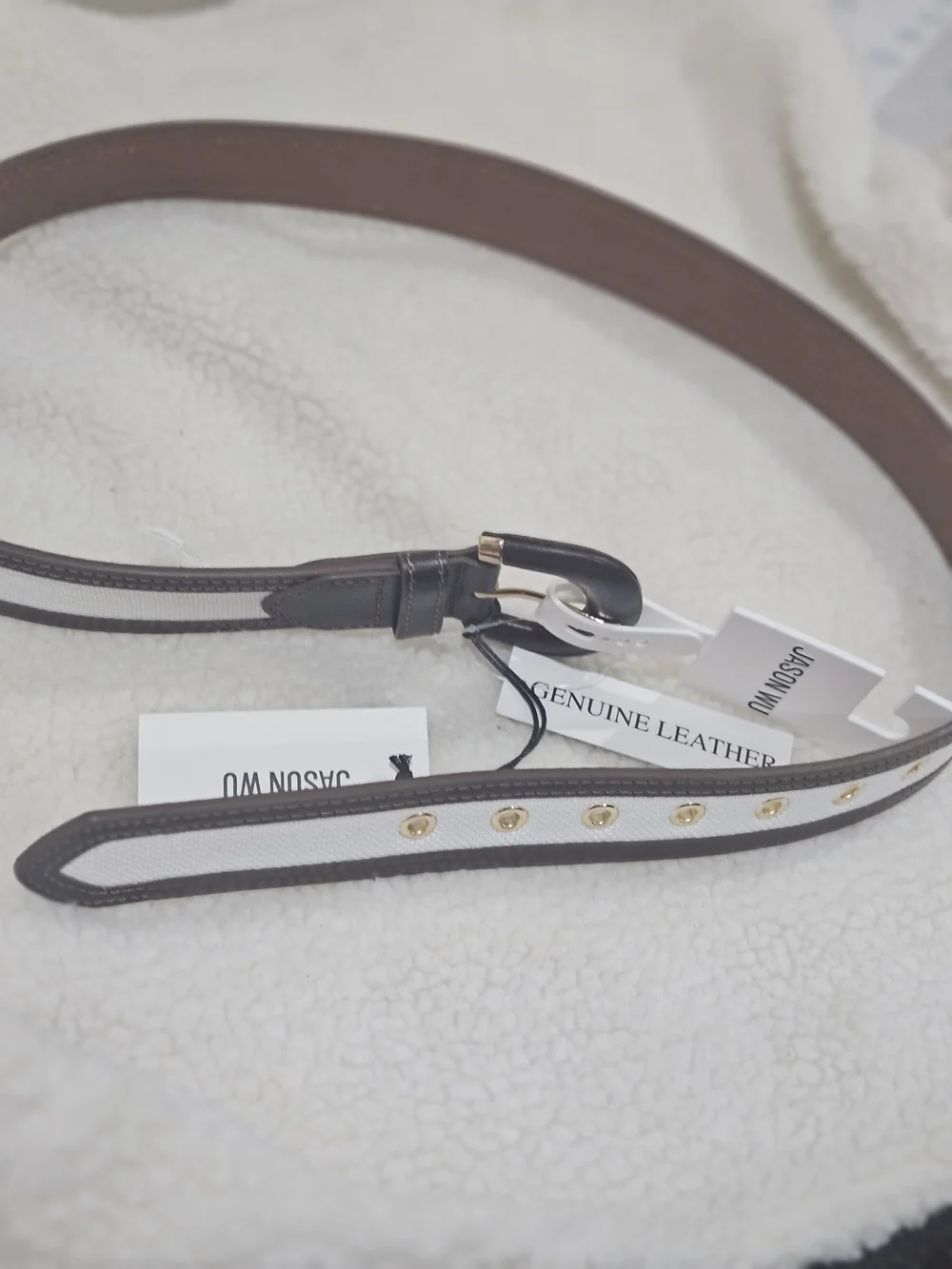 Jason Wu Men’s Brown Leather Belt with White Canvas Inlay Lg